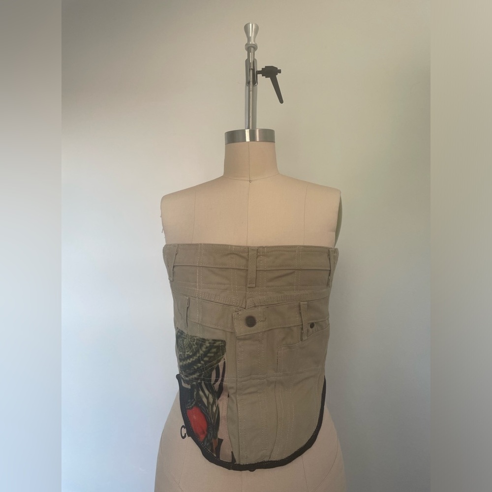 Tan and Black Denim Strapless Corset Top - Picture 3 of 6